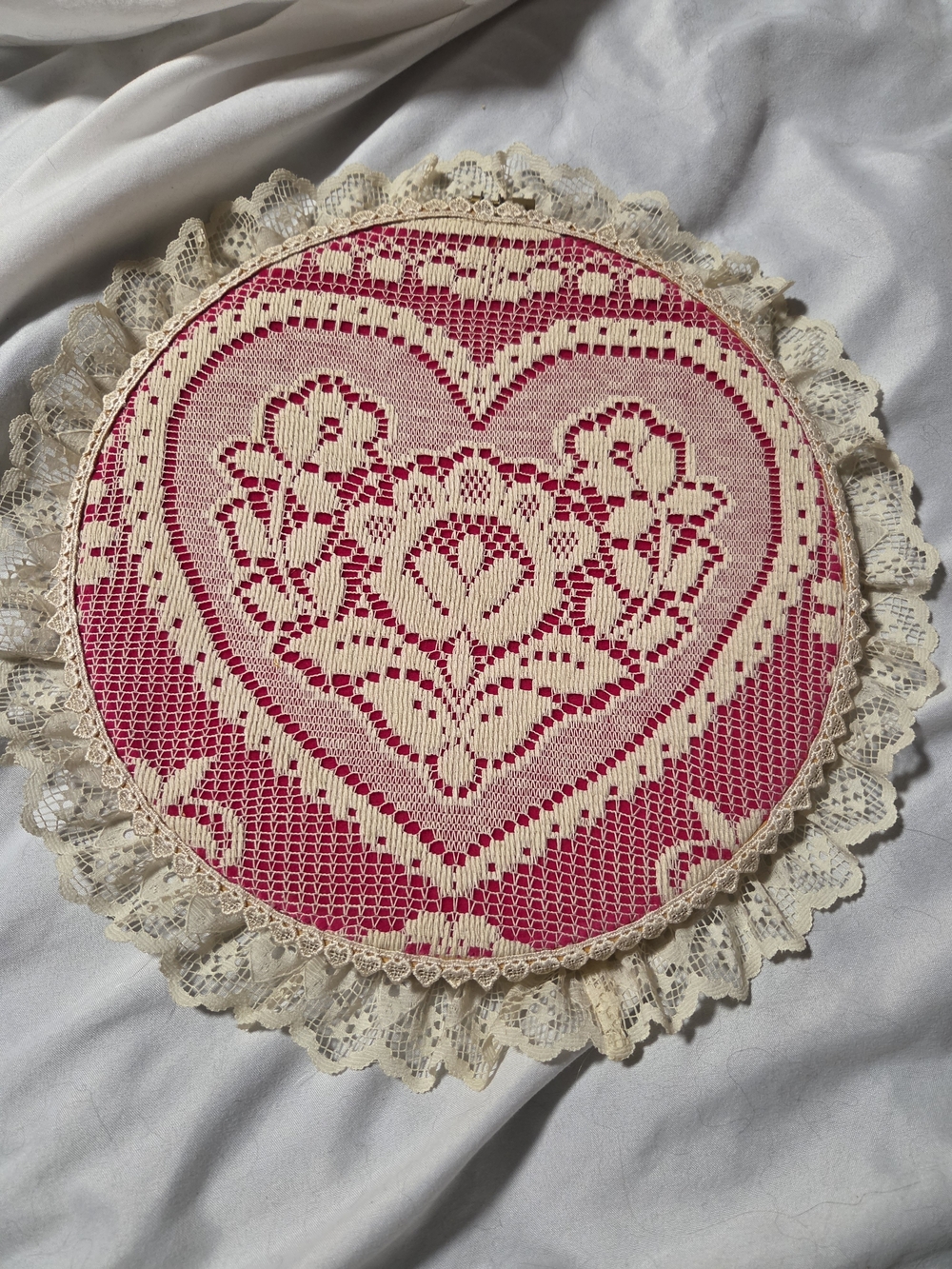 Vintage Lace Heart Doily - Pink and Cream